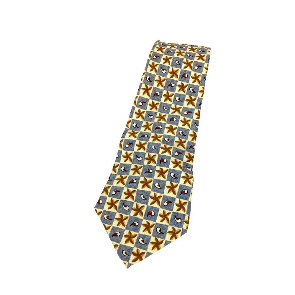 Perry Ellis Silk Neck Tie, Blue‎ & Gold, Starfish Paisley Pattern, Made in USA